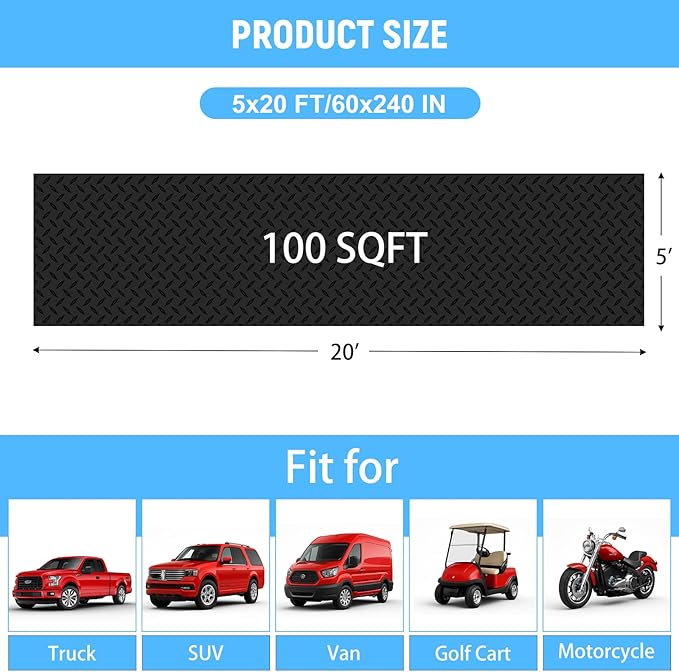 5x20 FT Garage Floor Mat, 2.8mm Thickened PVC Flooring Roll for Under Car, Golf Cart Parking Mat, Diamond Plate Black Motorcycle Mat for Warehouse, Basement, Gyms, Trailer（Included Tapes）