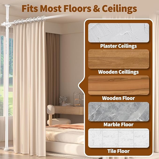 Room Divider for Room Separation,4-10ft(H) 28-209inch(W) Adjustable Temporary Privacy Wall Divider, Tension Curtain Rods No Drilling, Heavy Duty Partition Space Separator Freestanding,White