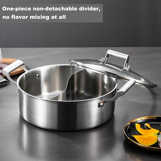 Delarlo 6.8QT Tri-Ply Stainless Steel Double-flavor Shabu Shabu Pot 12 inch | Everyday Pan with Lid, Kitchen Induction,Cooking Hot Pot, Oven Safe Stock Pot, Up to 600℉