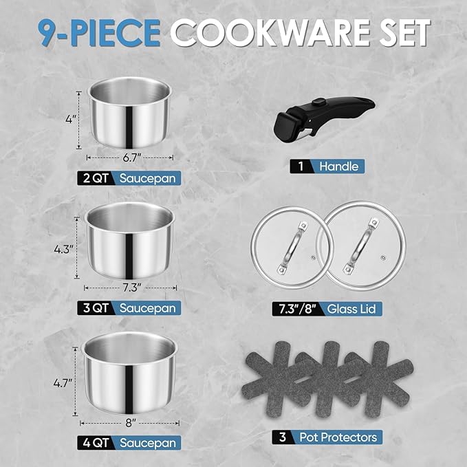 Walchoice 9pcs Stainless Steel Cookware Set, Tri-Ply Sauce Pans Set with Detachable Handle, Induction Pots Cooking Set for RV, Camping, Kitchen, Oven & Dishwasher Safe