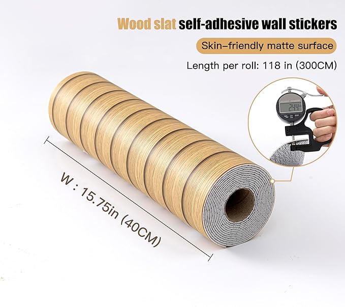 Peel and Stick PVC Slat Wall Panels, Wood Grain Self-Adhesive Soundproof Moisture-Resistant Paneling, 3D Faux Wood Panels for Bedroom Bathroom Walls & Ceilings 118"x15.75"(Light tan,13Sq.ft)