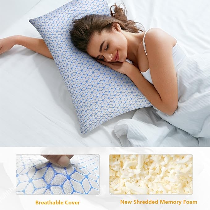 Love Attitude Bed Pillow Queen Size 1 Pack, Shredded Memory Foam Pillow Adjustable，Cooling Pillow Soft and Supportive for Side Back Stomach Sleepers