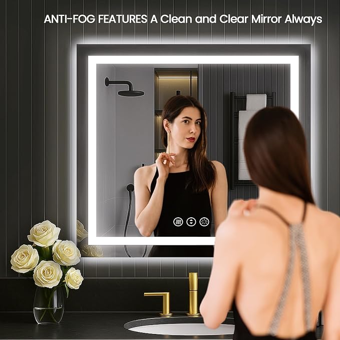 LOAAO 30"X30" LED Bathroom Mirror with Lights, Anti-Fog, Dimmable, Backlit + Front Lit, Lighted Bathroom Vanity Mirror for Wall, Memory Function, Tempered Glass, Safe to Use, ETL Listed
