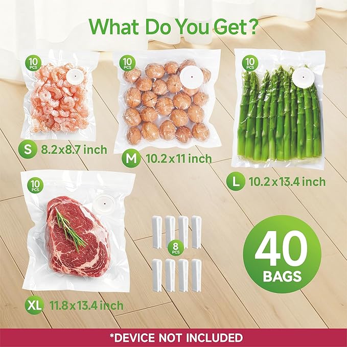 40 Pack Upgraded Reusable Vacuum Sealer Bags for Food, BPA-Free & Extra Thick – Compatible with Handheld Vacuum Sealers, Perfect for Meal Prep, Sous Vide Cooking, Freezer & Microwave