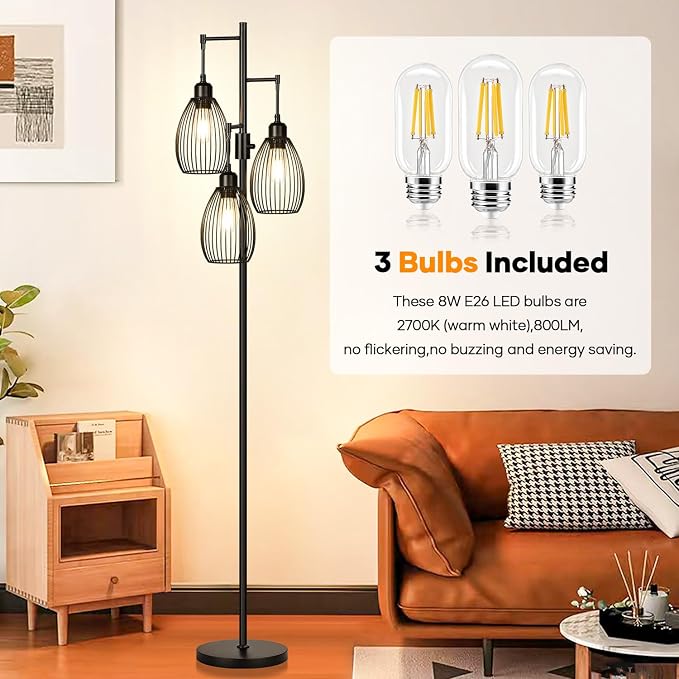 Dimmable Floor Lamp, 3 x 800LM LED Edison Bulbs Included, Farmhouse Industrial Floor Lamp Standing Tree Lamp with Elegant Teardrop Cage Tall Lamps for Living Room Bedroom Office Dining Room-Black