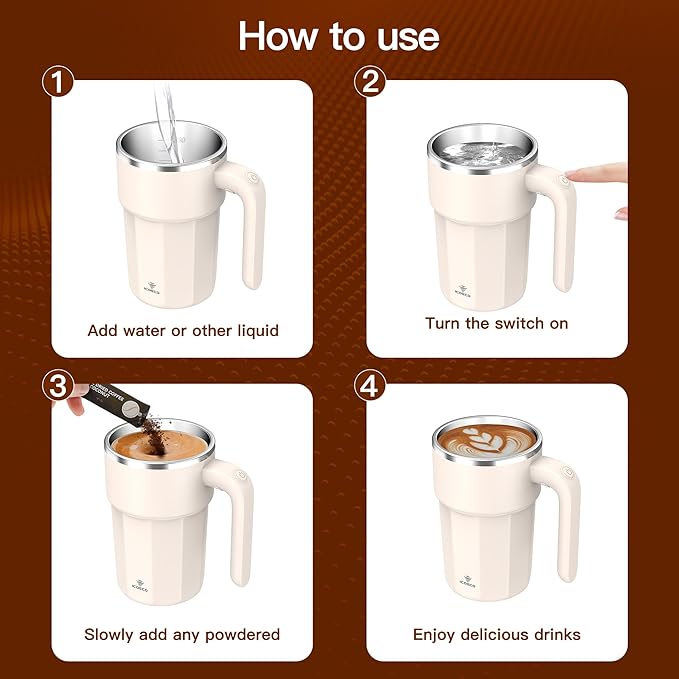 Self Stirring Coffee Mug, 12oz Rechargeable Magnetic Mixing Cup, 316 Stainless Steel Electric Stirring Cup with Lid & Handle for Coffee, Cocoa, Matcha, Creamer, Mushroom Coffee, Cream