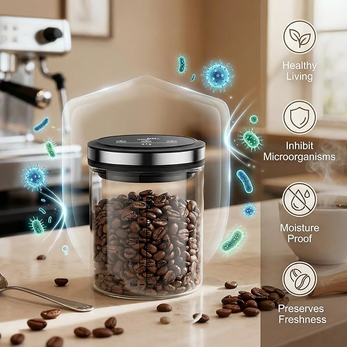 Vacuum Coffee Canister, One-touch Operation with Display, Standby Time Over 4500H, Vacuum Coffee Canister Suitable for Grain/Sugar/Tea Leaves/Flour, 1.2L Capacity with Large Feed Opening