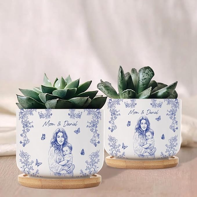 Personalized Mom Photo Plant Pot, Custom Toile De Jouy Mother Day Portrait Planter, Mom Gift, Gifts from Daughter, Grandma Gifts