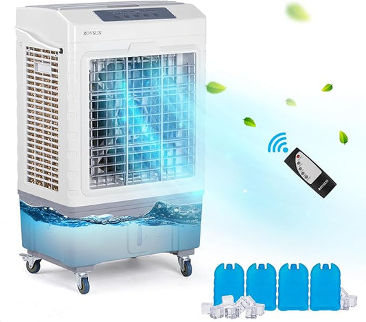 ROVSUN 10.5Gallon Evaporative Air Cooler, 2600CFM Portable Swamp Cooler with Remote Control, Oscillation, 3 Speeds, 7.5H Timer & 40L Water Tank, 3-IN-1 Cooling Fan for Home Office Garage Outdoor