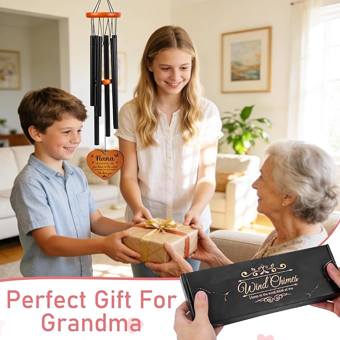 Grandma Gifts Wind Chimes for Outside - Metal Windchime with Wooden Pendant, Greeting Card & Black Box - Unique Birthday for Grandmother from Grandkids, Garden Hanging Decor