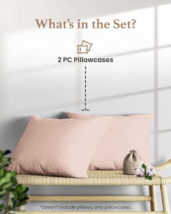 1000 TC Blush King Pillowcases Set of 2 100% Egyptian Cotton Pillow Cases with Long Staple Cotton & Sateen Weave, Silky Soft Hotel - Like Bed Pillow Covers for Comfy Sleeping, Snug Fit