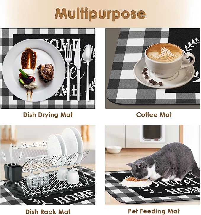 Arttown Coffee Mat for Countertops, Black White Grey Buffalo Grid Dish Drying Mat 2 Pcs for Kitchen Bar Accessories, Fit Under Coffee Maker Espresso Machine Dish Rack Hide Stain Rubber 12x19in