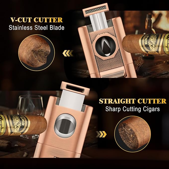 XIFEI 6-in-1 Desktop Lighter, 4 Jet Flame Torch with Straight & V-Cut Cutter, Dual Cigar Punch, Cigar Draw Enhancer, Holder, Refillable Butane Lighter with Gift Box (Bronze)