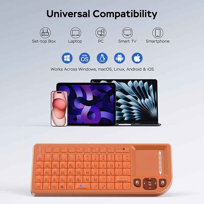 Mini Bluetooth Keyboard with Touchpad – Sturdy Aluminum Frame, Rechargeable & Portable – Seamless Connectivity for iPad, Mac, PC – The Perfect Companion for Smart Home, IT Tech & Field Service-Orange