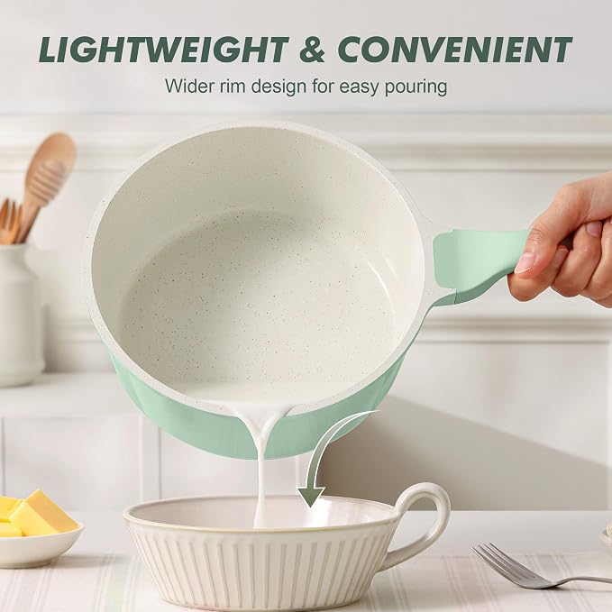 SENSARTE 2.5 QT Ceramic Nonstick Saucepan with Lid, PTFE/PFAS Free, Green | Medium Cooking Pot with Stay Cool Handle, Induction Compatible Saucepot, Ceramic Coating