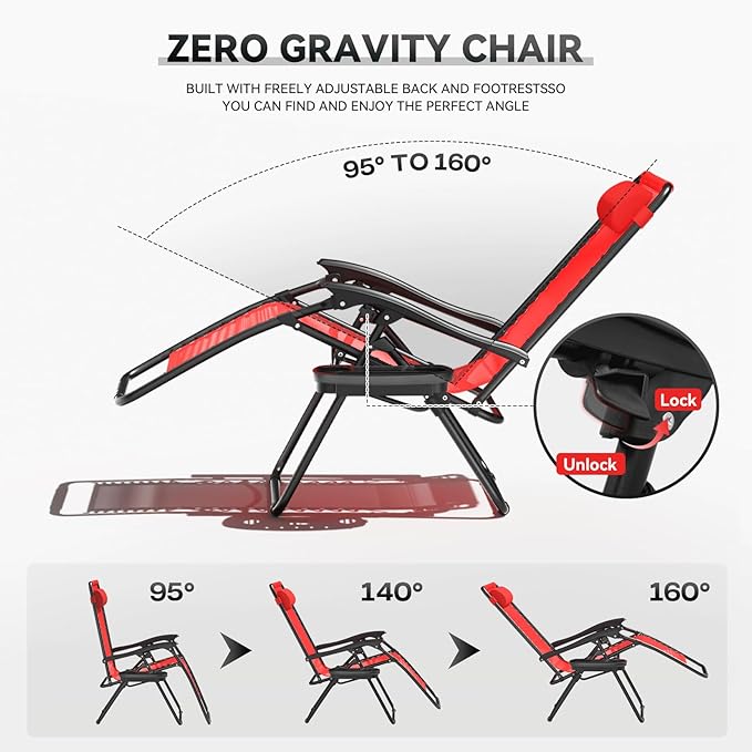 Zero Gravity Chair, Portable Outdoor Chair, Reclining Patio Lounge Chair with Adjustable Pillow and Cup Holder Trays for Outdoor, Patio, Beach, Camping, Garden, Poolside, 2 Pack, Red