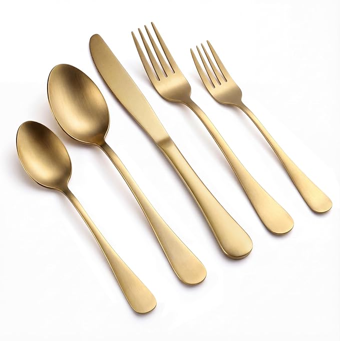 LIANYU 60 Piece Matte Gold Silverware Set for 12, Stainless Steel Gold Flatware Cutlery Set, Fancy Kitchen Utensil Tableware for Home Restaurant Party, Satin Finish, Dishwasher Safe