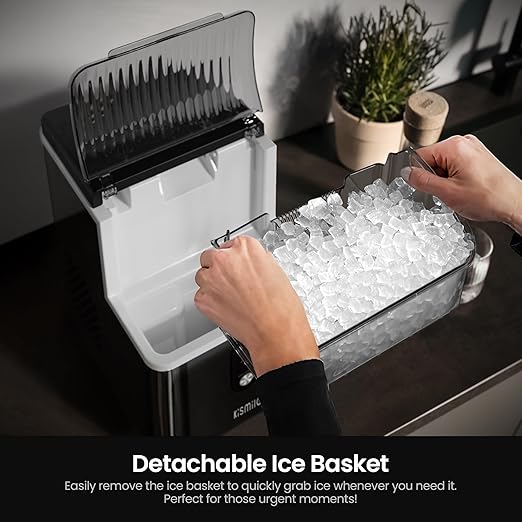 Kismile Nugget Ice Makers Countertop,Portable Ice Machine with Crushed Ice, 35lbs/Day,Self-Cleaning,One-Click Operation for Home Use(Stainless Steel Black)