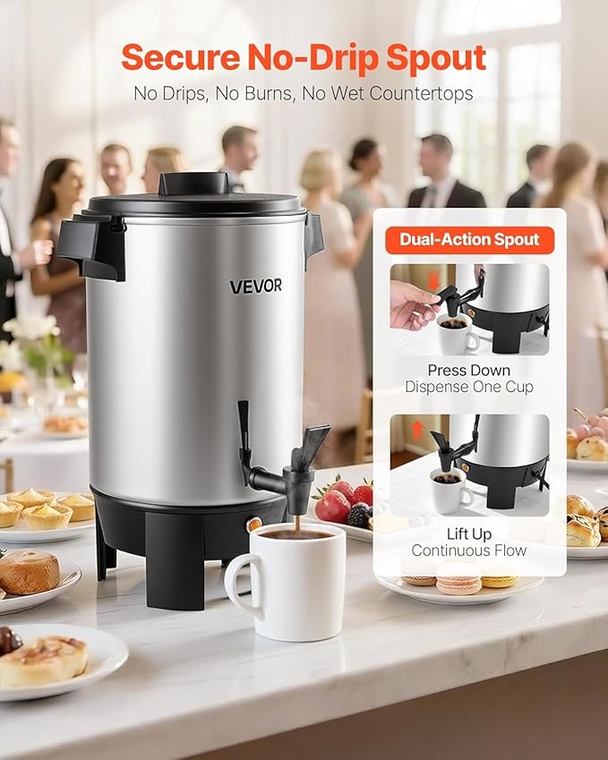 VEVOR Commercial Coffee Urn, 30 Cup 4.5 L Hot Beverage Dispenser with Dripless Faucet, Quick-Brewing Commercial Coffee Maker, Automatic Temperature Control, for Catering, Party, Church & Restaurant