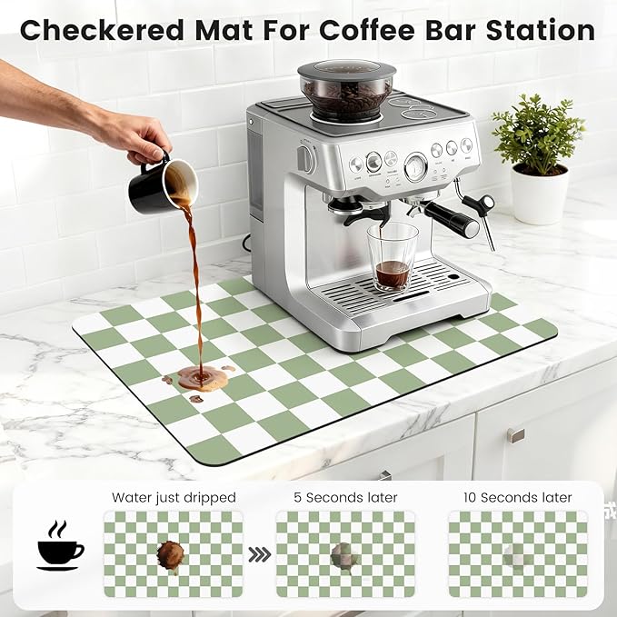 16" x 24" Checkered Dish Drying Mat for Kitchen Counter, Absorbent Coffee Bar Mat for Espresso Machine Coffee Countertops Accessories, Sage