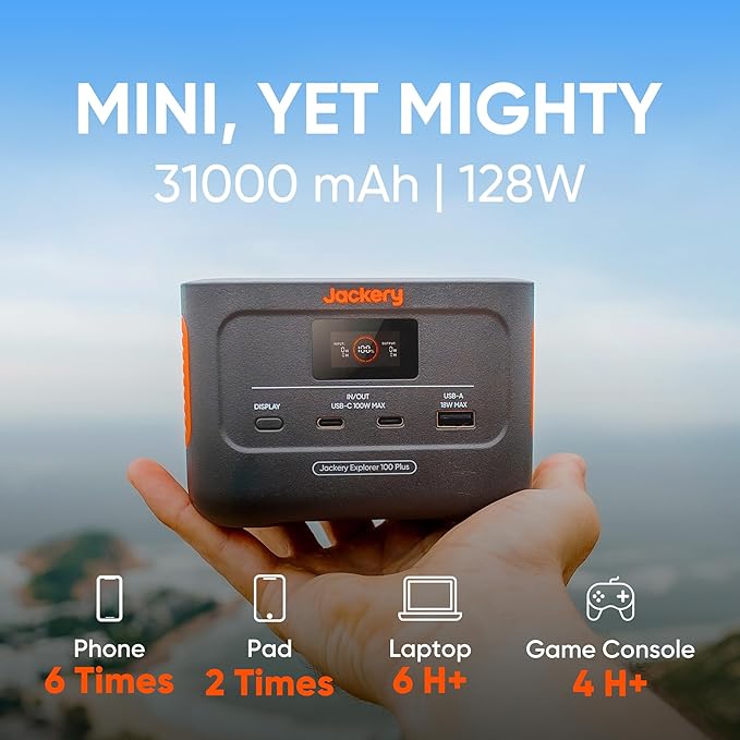 Jackery Explorer 100 Plus Power Station with Mini Carrying Bag, 99Wh LiFePO4 Battery Power Bank, 3-Port 128W Portable Charger, PD 3.0 Fast Charge for Laptop, Phone, Tablet(Renewed)