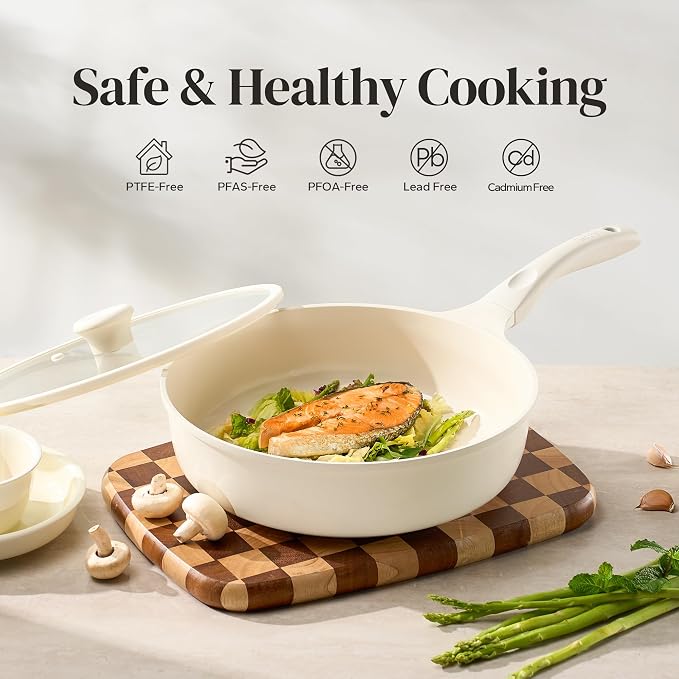 Redchef Ceramic Frying Pan with Glass Lid, Nonstick Deep Saute Pan for All Stovetops, Healthy Cooking Pan, Ergonomic Handle, Fast Even Heating, Splatter Prevention, Oven Safe