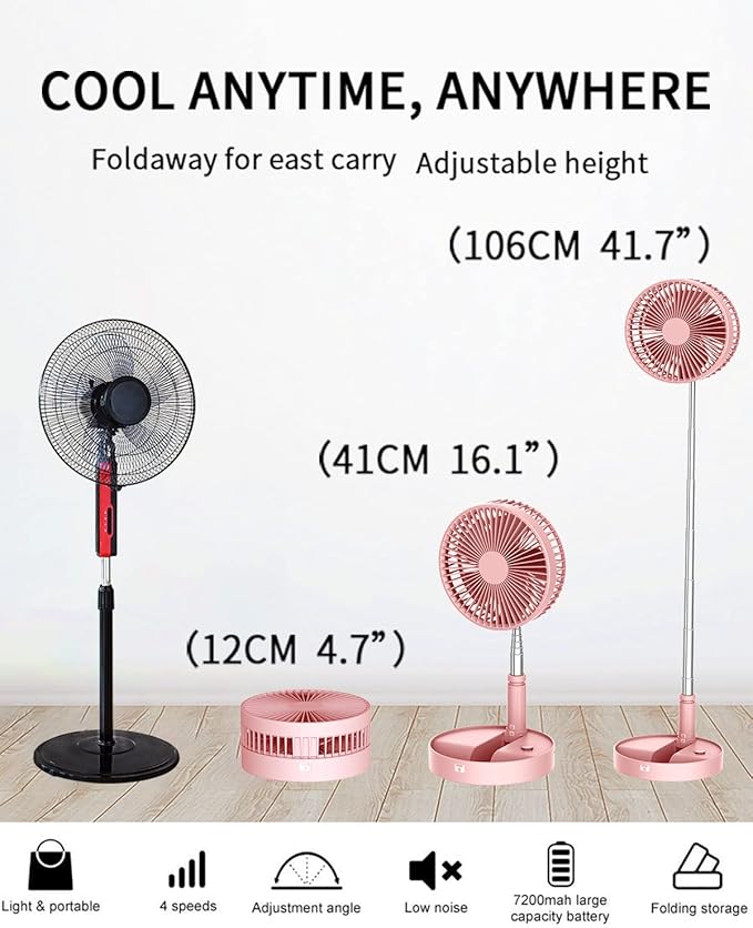 UN UNITEDTIME Desk and table fan, foldable Fan Portable Travel Fans Battery Operated,Adjustable Height My Foldaway fan with remote Control Timer, 4 Speed Settings (Pink)