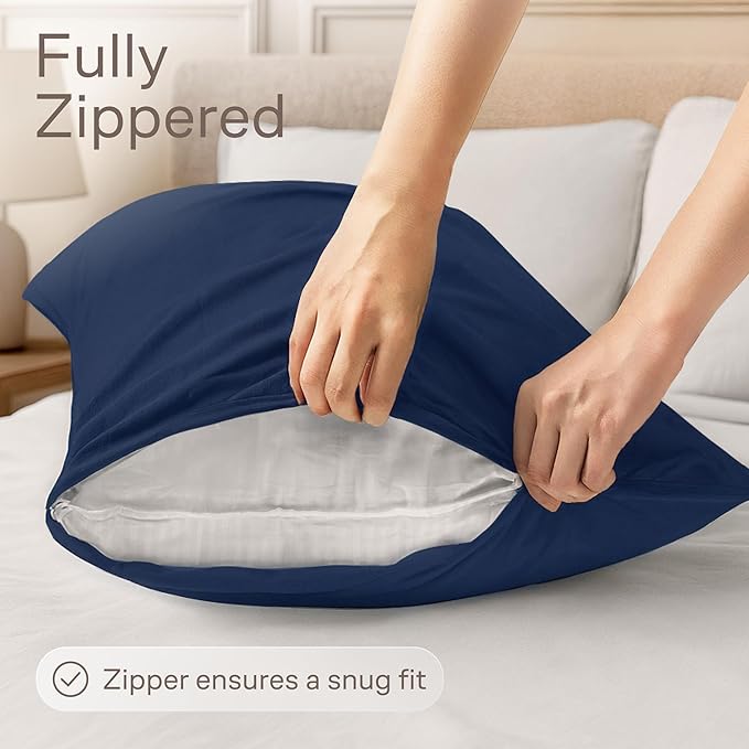 Ultra Soft Pillow Protectors with Zipper King Size - Set of 4 Breathable Pillow Covers - 100% Protection Against Stains, Dust & Dirt - Machine Washable (Navy Blue)