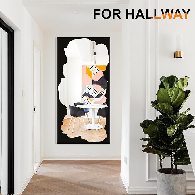 Full-Length Mirror Free Standing Leaning Mirror with Artistic Black Abstract Overlay Deco, 64"x32" Shatterproof Wall-Mounted Mirror, Perfect for Living Room, Bedroom, Cloakroom, and Bathroom Decor