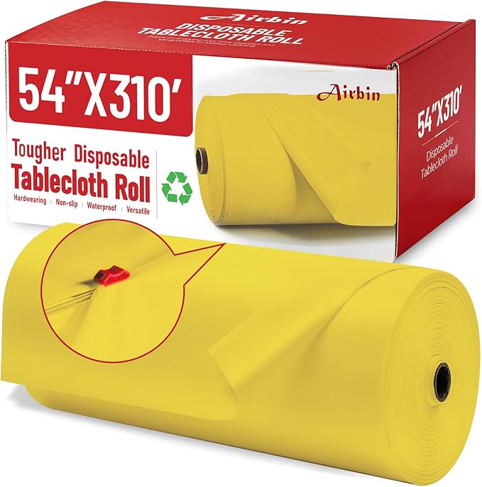 Plastic Table Cloth, 310 Ft X 54 In Plastic Table Cloth Disposable Yellow Table Cloths with Any Cut Sliding Cutters Premium PEVA Disposable Tablecloth for Picnics, Parties, Birthdays, Festivals
