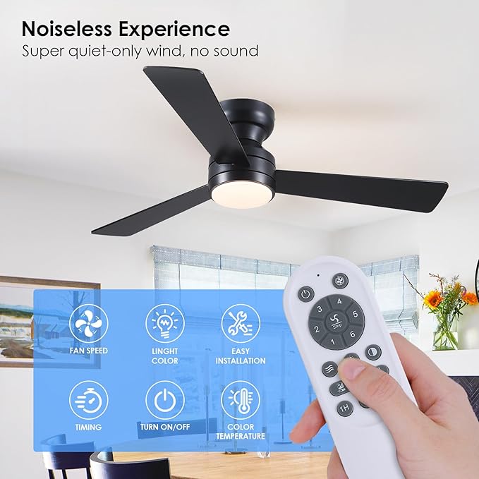 Asyko Ceiling Fans with Lights,46" Low Profile Ceiling Fan with Light and Remote Control,Flush Mount, Reversible, Dimmable, Noiseless, Black Ceiling Fan for Bedroom