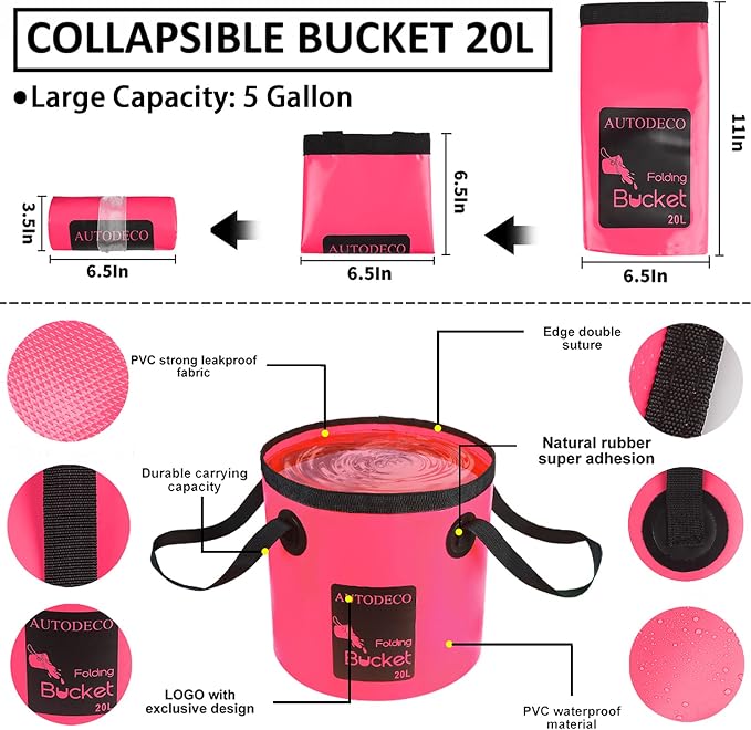AUTODECO 22Pcs Car Wash Cleaning Tools Kit Car Detailing Set with Canvas Bag Pink Collapsible Bucket Wash Mitt Sponge Towels Tire Brush Window Scraper Duster Complete Interior Car Care Kit