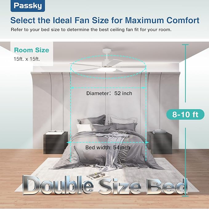 Passky Ceiling Fans with Lights, 52 inch Sleek Ceiling Fan with Light and Remote Control, 3CCT, Dimmable, Reversible, Noiseless, White Ceiling Fan for Bedroom, Living Room