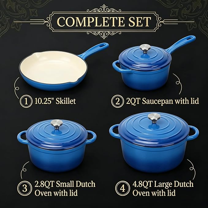 QuliMetal Enameled Cast Iron Cookware Set, 4-Piece Pots and Pans Set with Lids, 10.25" Skillet, 2QT Saucepan, 2.8QT & 4.8QT Dutch Ovens, Oven Safe to 500°F, All Stovetops Compatible - Cobalt Blue