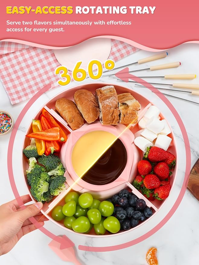 Electric Chocolate Fondue Set, 4-Cup Chocolate, Rotating Tray | Melt & Warm Modes, Dual Silicone Inserts, 6 Color-Coded Forks, Easy-Clean, Ideal for Candy Melts, Couple Family, Movie Night