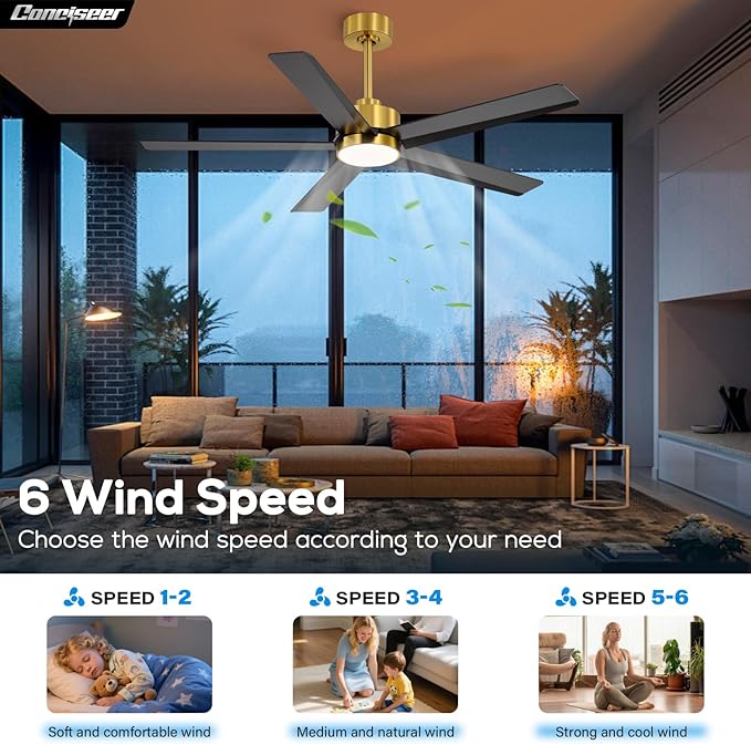 Conciseer 52 Inch Ceiling Fans with Lights and Remote for Bedroom Living Room Kitchen Office, Indoor/Outdoor Use, 6CCT Dimmable, 5 Blades 6 Speed Reversible Quiet DC Motor, Gold/Black