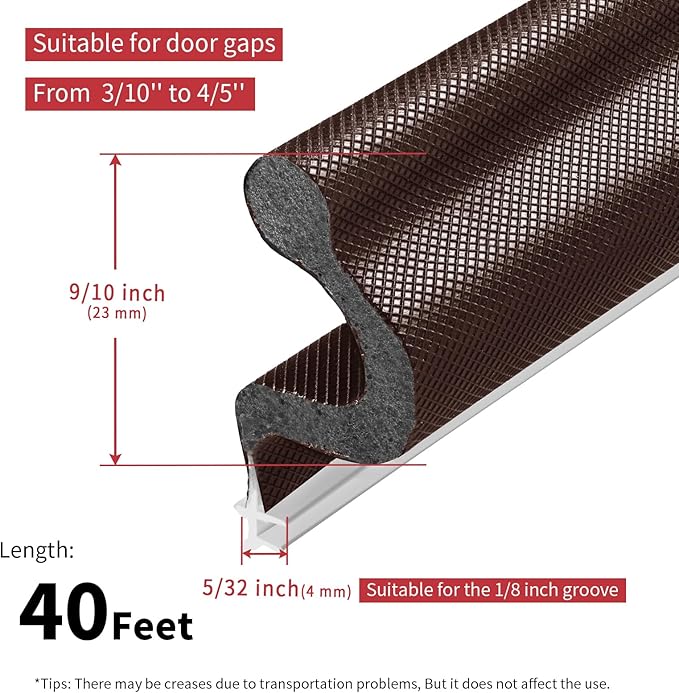 40 Feet Kerf Door Weather Stripping Door Seal, Long Reach V-Shaped Door Seal Strip for Door Frame Door Weatherstripping Insulation Strip Door Soundproofing for Large Gap(Brown)