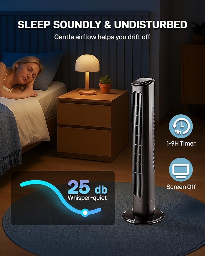 Winado 36" Bladeless Tower Fan, Portable Floor Fan with Remote Control, LED Display, Adjustable 90° Oscillating, 3 Speeds, 3 Modes & 9H Timer, Ultra-Quiet Cooling Fan for Home Office Bedroom, Black