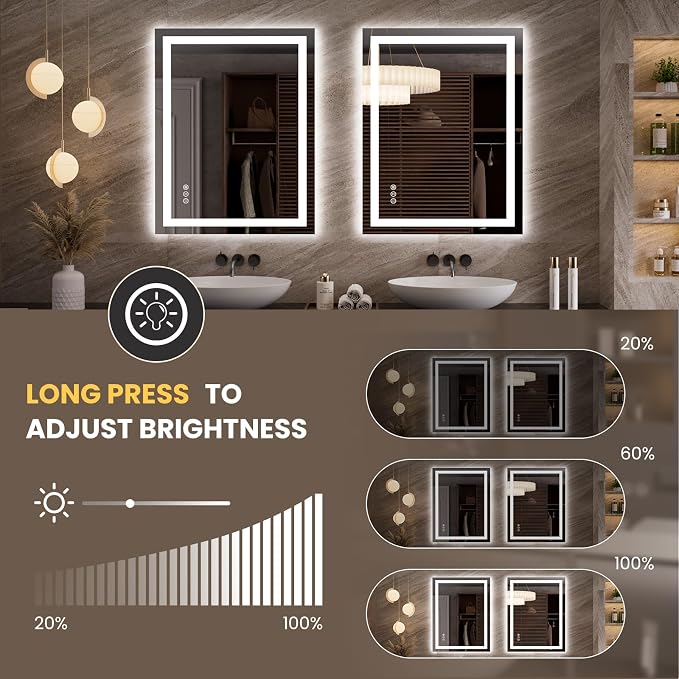 LOAAO 27.6"x35.4" LED Bathroom Mirror with Lights, Anti-Fog, Dimmable, Backlit + Front Lit, Lighted Bathroom Vanity Mirror for Wall, Memory Function, Tempered Glass, Safe to Use, ETL Listed