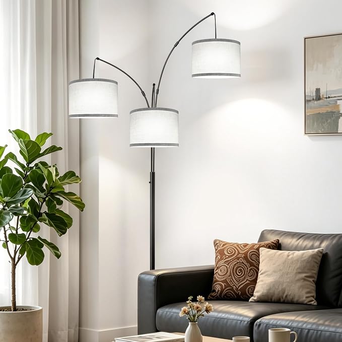 Dimmable Floor Lamp, 3 Lights Black Arc Floor Lamp, Modern Tall Standing Tree Lamp with Grey Linen Shades & Heavy Base, 3000LM LED Bulbs, Bright Lighting for Living Room, Bedroom, Office & Reading
