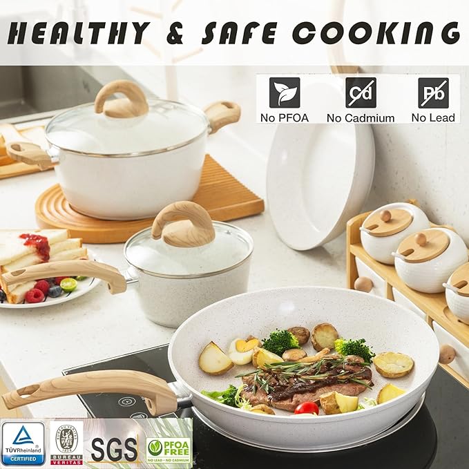 Vkoocy Pink Pots and Pans Set Non Stick, Ceramic Cookware Set with Granite Pattern Kitchen Cooking Sets Induction Pot and Pan w/Frying Pans, Saucepans, Casserole, Non-Toxic, PTFE/PFOA/PFOS-Free