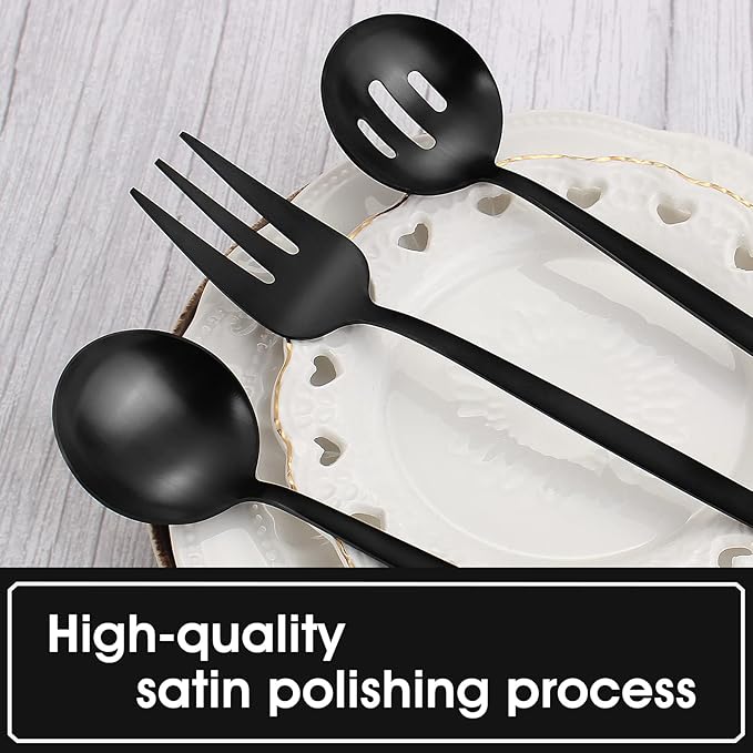 VANVRO Matte Black Serving Silverware Set, 5-Piece Round Shared Utensils Set of Stainless Steel, Hostess Flatware Serving Set, Satin Finish, Dishwasher Safe