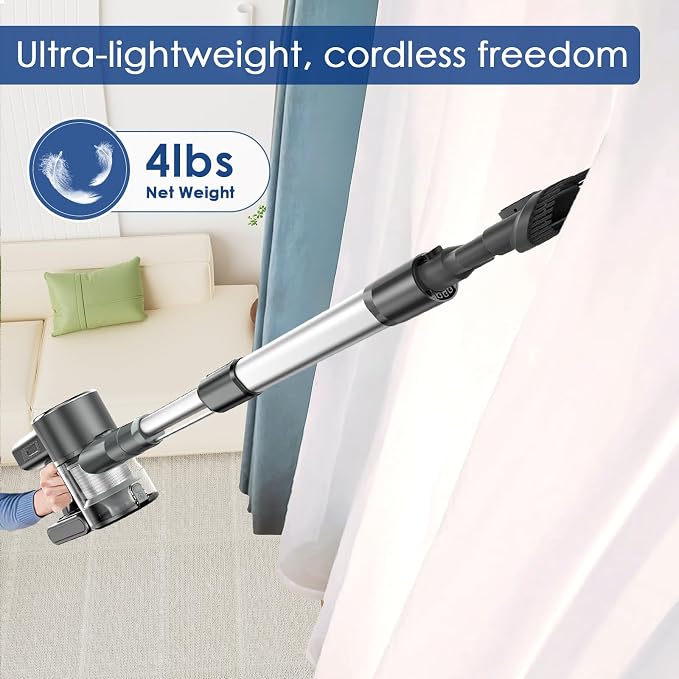 Cordless Vacuum Cleaner with 2 Batteries, 500W 45Kpa Lightweight Stick Vacuum Cleaners for Home with LED Display, Brushless Motor, Anti-Tangle, for Carpet & Hard Floor & Pet Hair (Grey)