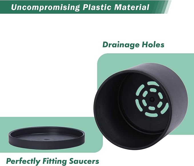 D'vine Dev 12 Pack 3.5 Inch Mini Plastic Plant Pots, Small Garden Planters for Plant with Drainage Holes and Saucers, Black Color, 74-Y-D-4