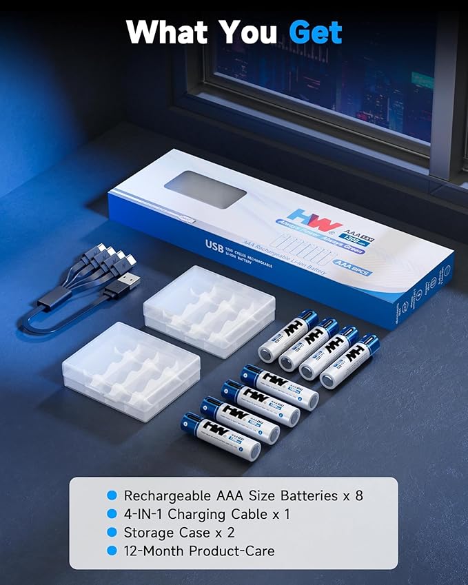 HW AAA Rechargeable Lithium Battery, [1.5V, 8-Pack] 1300mWh 3A Batteries with USB-C Cable, 1600Cycles Triple A Batteries for Remote Controls, Wireless Mouse, LED Flashlights, Electronic Toys, etc.