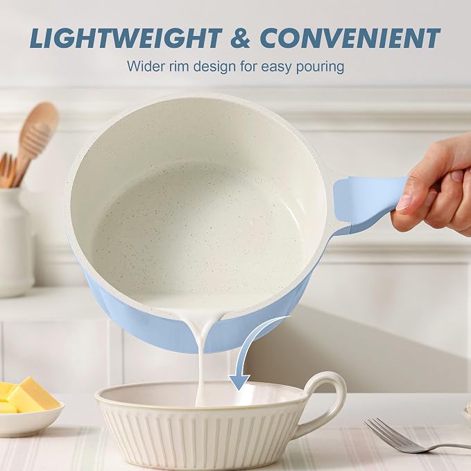 SENSARTE 2.5 QT Ceramic Nonstick Saucepan with Lid, PTFE/PFAS Free, Blue | Medium Cooking Pot with Stay Cool Handle, Induction Compatible Saucepot, Ceramic Coating