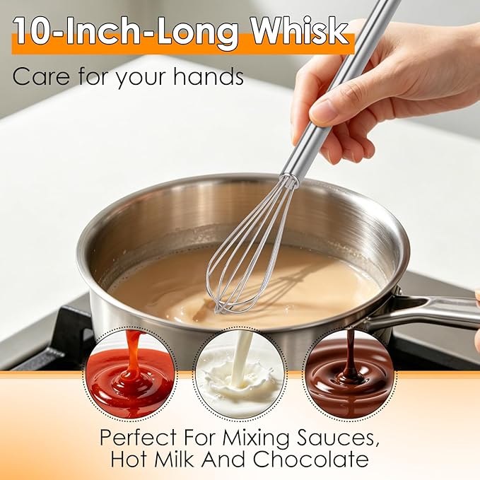 HOTEC 10 Inch Mini Whisk, Anti-Rust 304 Stainless Steel Small Whisks for Cooking, Baking, Mixing Ingredients & Deep Containers