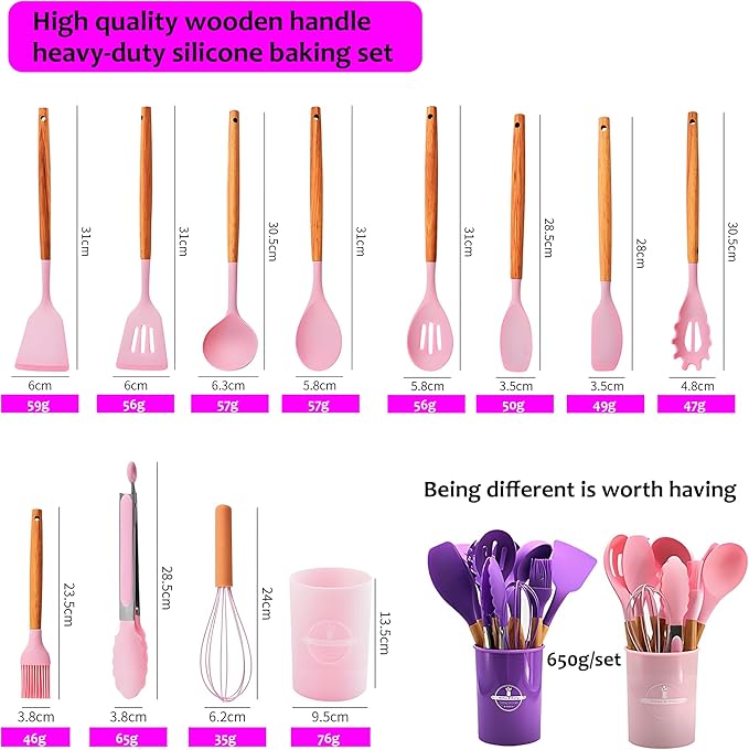 Kitchen Silicone Cooking Utensil Set with Wooden Handles Holder, Great for Cooking, Mixing, Scoop, Scrape, Non stick Heat Resistant (Pink -12pcs Sets)