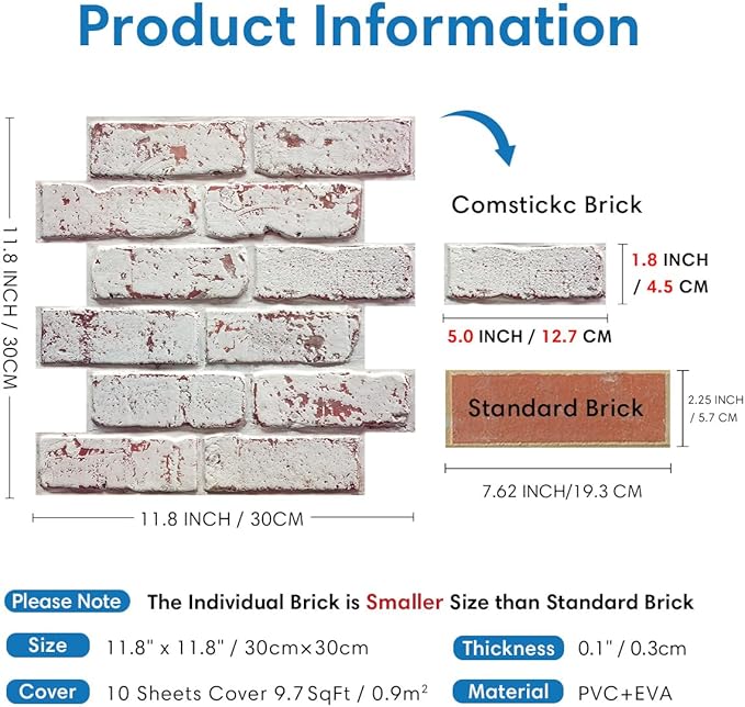 3D Whitewash Brick Wall Panel Peel and Stick,10 Pcs of 12"X12" Small Size Thin PVC Fake Brick Self Adhesive Brick Backsplash Faux Brick Paneling for Interior Wall Decor