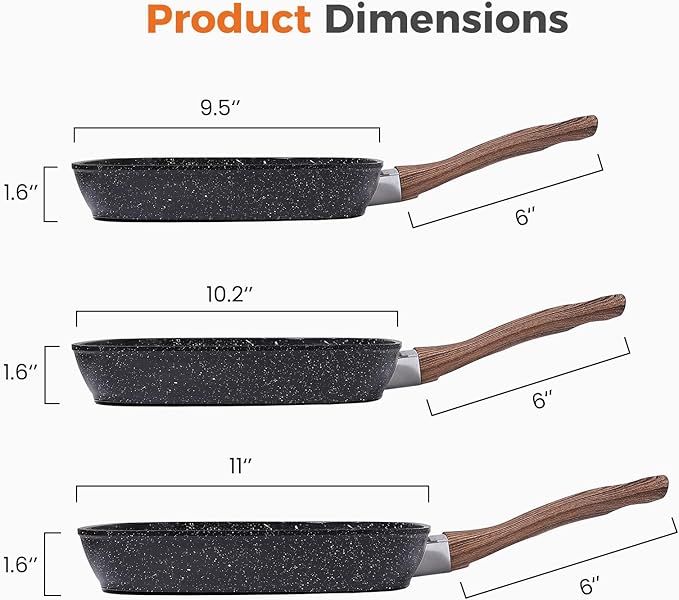 DUMOS 3 Pcs Grill Pans Set, Nonstick Square Frying Pan Skillet Set with Stay Cool Handle & PFOA Free, Compatible with All Stovetops (9.5" 10" 11") Black